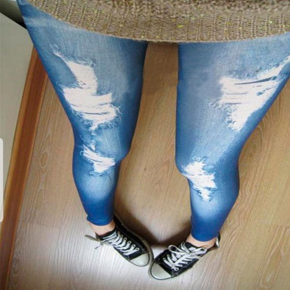 Emulated Ripped Blue Jeans Leggings - Picture 2 of 3